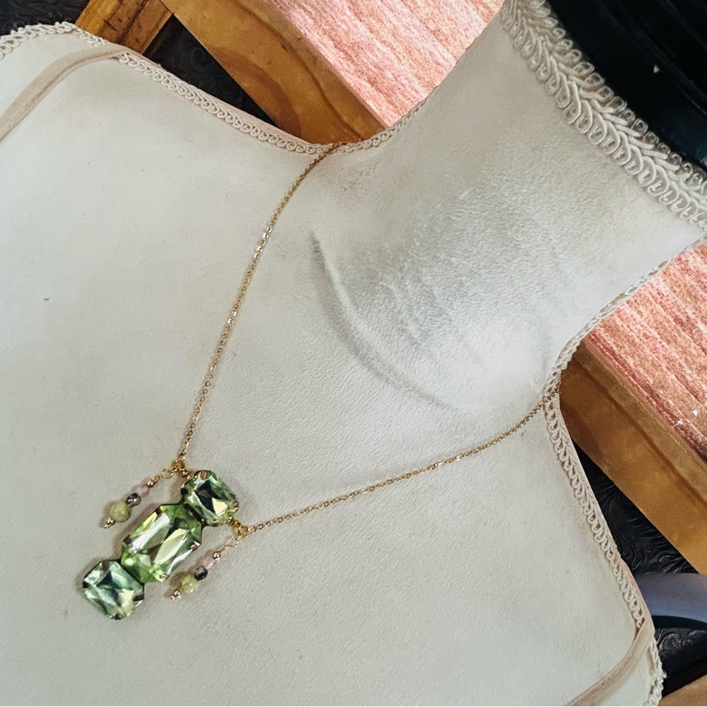 Handcrafted elegant salvaged vintage green glass pendant on chain necklace